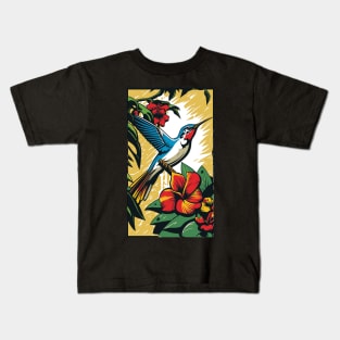 Hummingbird Vibrant Tropical Flower Tall Retro Vintage Digital Pop Art Portrait Kids T-Shirt